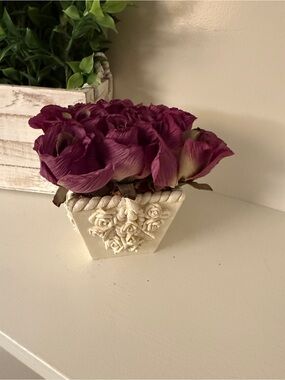 Decorative Faux Purple Floral Arrangement in Embossed Rose Planter Cottage Chic